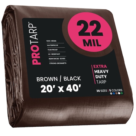 Protarp Heavy Duty Tarp, 20 ft x 40 ft, 22 Mil, Brown/Black, Polyethylene, Waterproof, Rip and Tear Proof PT-202-20X40